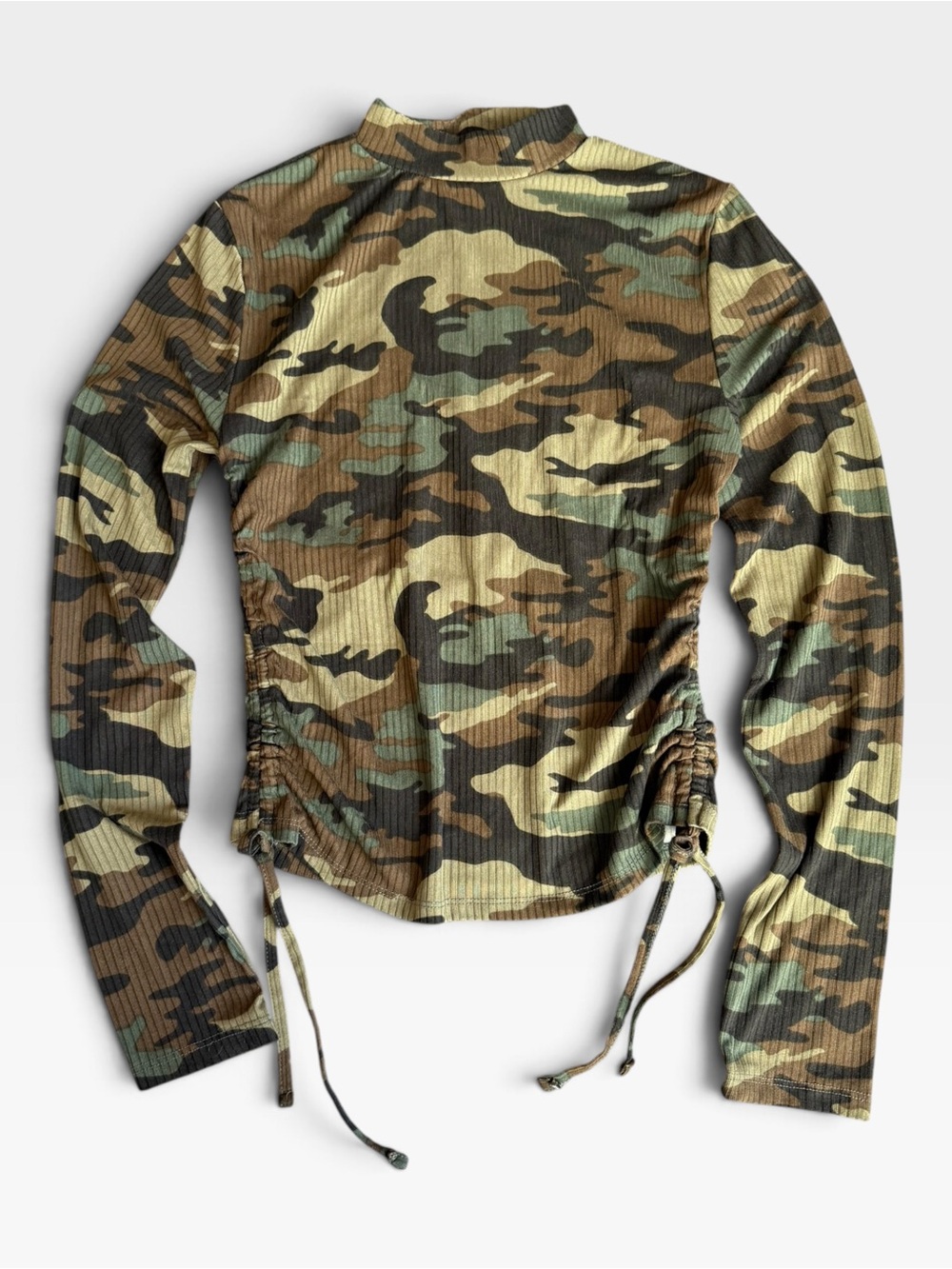 Orange Kiss Camo Cropped Mock Neck Drawstring Top | Size Small